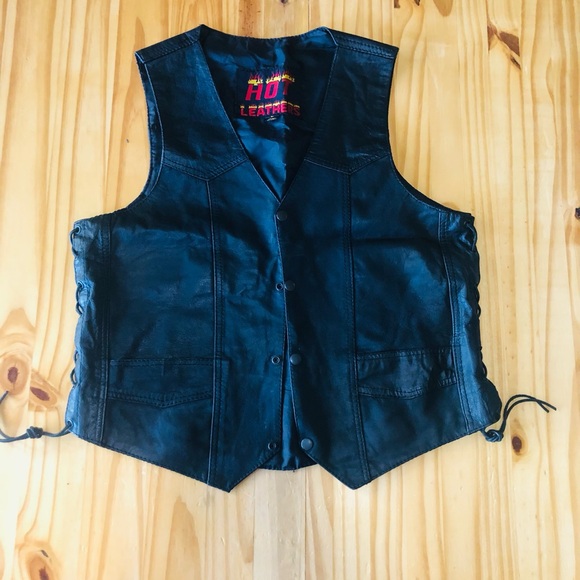 HOT LEATHERS Motorcycle Vest Men's L Leather Black Biker Snap VTG And a Tshirt M - Picture 4 of 16